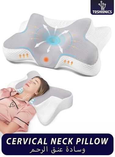 Skin Friendly Cooling Cervical Neck Pillow Head and Neck Support Sleeping Cushion Pillow with Soft Comfort High Elastic Fiber Fabric Adjustable Ergonomic Design for Back and Stomach Side Sleeping Support
