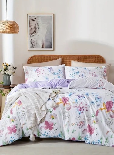 Home King size bedding set featuring a beautiful floral design in purple and pink, consisting of six pieces.