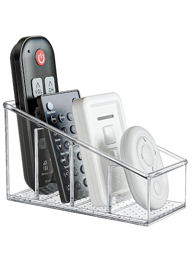 FACAICAI Remote Control Holder Desk Organizer Clear Plastic Desktop Organization Pencil Holder, 4 Compartments Makeup Brush Holders with Different Heights (Clear)