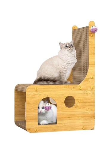 BAOLY Cat Scratcher Lounge, L Shape Cat Scratch Pad Board Cat Cave with 4 Hanging Ball Toy, Double Layer Cardboard Cat Bed Condo, Scartching Pads for Indoor Cats, Furniture Protector