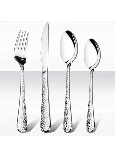 KASTWAVE Cutlery Set, Stainless Steel Flatware Silverware Set, Hammered Design Knife Fork Spoon Set for Home, Camping, Party, Healthy And Durable, Dishwasher Safe, Mirror Polish, 16 Pieces