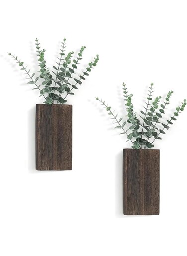 ChicAbode 2 Pack Wood Wall Planter, Wall Hanging Decor Pocket Planter, Vase with Artificial Eucalyptus, for Indoor Fake Plants, Greenery Flowers, Livingroom, Bedroom, Kitchen, Home Office Decoration