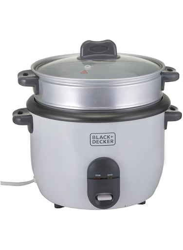 Black &amp; Decker Rice Cooker, 700W Power, 1.8L, Removable Non-Stick Bowl &amp; Steaming Tray with Water Level Indicator, Glass Lid &amp; Cool Touch for Healthy Meals, Easy to Use, 2 years warranty, RC1860-B5