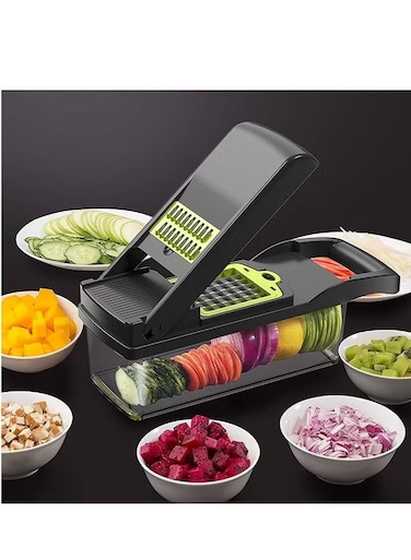 12-in-1 Vegetable Chopper &amp; Mandoline Slicer with 7 Stainless Steel Blades &acirc;&euro;&ldquo; Multi-Function Onion Cutter, Fruit Dicer &amp; Food Chopper with Storage Container