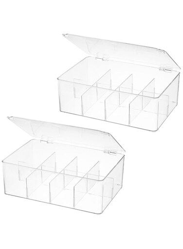 Tazweeq Divided Clear Plastic Organizer Bin with Hinge Lid, Tea Bag Storage Box for Kitchen, Removable Organizer, Snacks, Spice Packets,Pouches, Stackable Storage Bin
