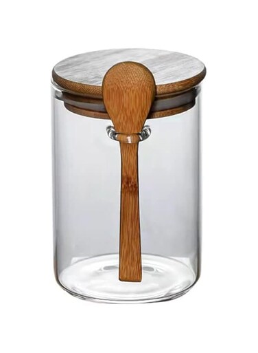 15Oz/450ML/1Lb Clear Glass Containers for Pantry with Wooden Spoon, Small Air Tight Food Storage Canister with Bamboo Airtight Lid, Hermetic Covered Kitchen Orgainzation Storage Jars with Scoop