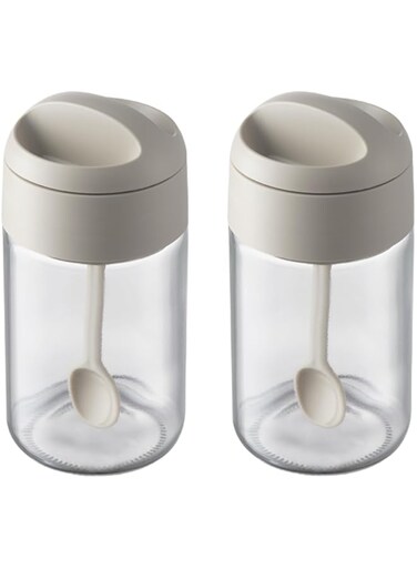 Sugar And Salt Container Set, Spice Jars With Lid And Spoon, 8.8 OZ Salt Sugar Glass Condiment Pots Transparent Storage Container For Kitchen Counter Keeping Sugar, Salts, Spice, Sauce