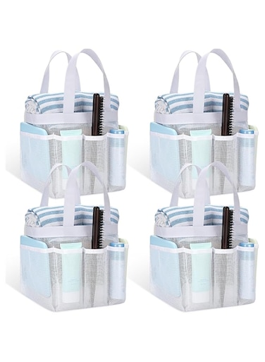 Hillban 4 Pcs Mesh Shower Caddy Portable Large Quick Dry Shower Caddy Basket with Deeper 8 Pockets and 2 Handles Hanging Bag for College Dorm Room(White)