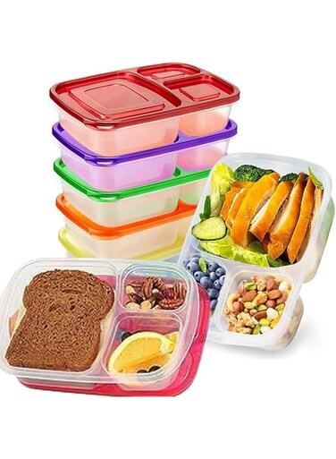 Premify 7 Pack Bento Lunch Box/Sandwich Box with 3 Compartments, Meal Prep Container, BPA-Free Stackable Plastic Leakproof Food Storage Box, Microwave &amp; Dishwasher Safe