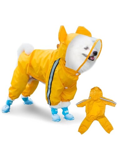 Paporich Waterproof Dog Raincoat,Adjustable 4-Legged Dog,Rain Jacket with Hood and Leash Hole Reflective Lightweight Outdoor Rain Poncho Gear,for Dog Suitable for Small and Medium Dogs(Yellow,Medium)