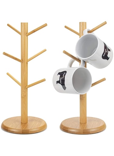 KASTWAVE Bamboo Mug Holder Tree, 2 Pack Bamboo Mug Rack with 6 Hooks - Coffee Mug Holder Tree, Coffee Cup Organizer Stand, Coffee Counter Bar Accessory &amp; Kitchen Organizer