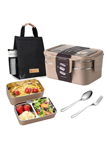 Stainless Steel Lunch Box: 1100ml 2-Layer Insulated Bento Lunch Box for Adults and kids - 304 Lunch Containers Insulated Leakproof with Tableware &amp; Bag - Microwave &amp; Dishwasher Safe (Khaki)