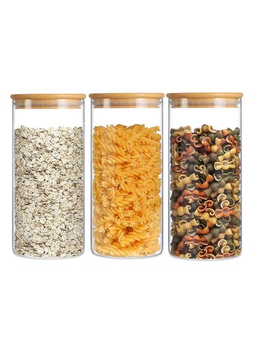 Glass Food Storage Containers Set,Spice Jar Set,3 Piece Glass Jar with Bamboo Airtight Lids and Labels 1800ml