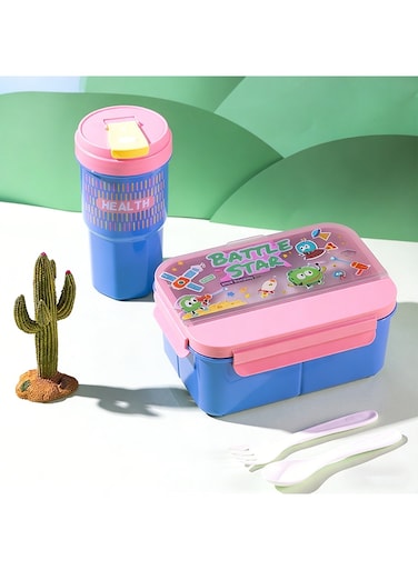 Cartoon Bento Box Set for Kids, 1200ML Compartment Lunch Box with 550ML Water Bottle, Food Grade Plastic Leak-Proof Lunch Container with Tableware, Portable Fresh-Keeping Meal Box for Students School Outdoor Picnic (Light Pink)