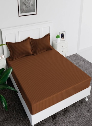 Fitted Elastic Bedsheet Set With Pillow Covers, King/Queen/Double/Single Sizes, Color Brown