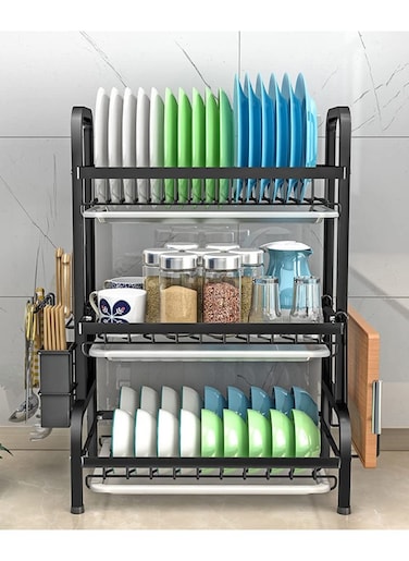 3 Tier Black Stainless Steel Adjustable Cutlery Rack and Drainer Set