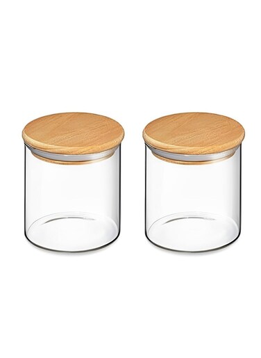 Set of 2 Pcs Premium Borosilicate Glass Canister with Airtight Wooden Lids (550ML)