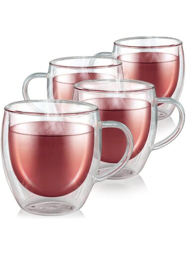 4pc Double Walled Glass Coffee Mugs with Handle,Insulated Layer Coffee Cups,Clear Borosilicate Glass Mugs,Perfect for Cappuccino,Tea,Latte,Espresso,Hot Beverage,Safe (250ml 4pcs)