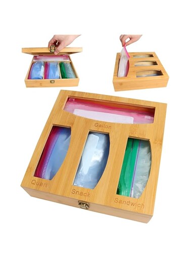 Lifelog Plastic Wrap Bamboo Ziplock Bag Storage Organizer and Dispenser for Kitchen Drawer, Food Storage Bag Holders Openable Top Lids Foil Dispenser for Gallon, Sandwich, Snack Bags(Wooden-2)