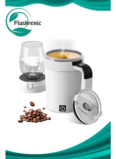 Automatic Magnetic Stirring Coffee Mug, 380ml (12.85oz) Rechargeable Self-Stirring Coffee Mug Magnetic Stirring Detachable Base with Dual-Nozzle Design 304 Stainless Steel Cup, Suitable for Coffee, Milk, Office Use, Travel (White)