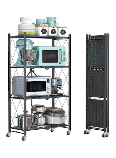 Standing Shelf, Modular Storage Shelf, Heavy Duty Metal Storage Rack with Wheels, Free Standing Storage Rack (Black, 4 Tiers)