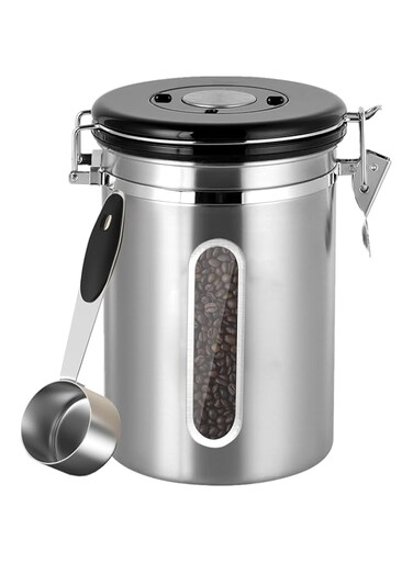 U-HOOME Airtight Coffee Canister,22OZ Stainless Steel Coffee Bean Storage Container w/Date Tracker,Window &amp;Measuring Scoop,Kitchen Food Storage Container for Grounds Coffee,Beans&amp;Tea (Silver)