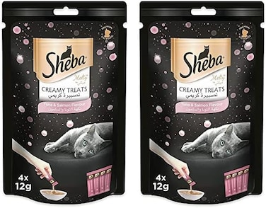 Sheba Cat Food, Melty Tuna &amp; Salmon Flavor Wet Creamy Treats, Premium Indulgence, Fed by Hand for a Special Moment so Your Cat Can Find Relish with This Sheba Wet Food Treat, Pack of 8x12g
