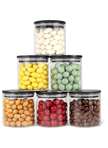 Glass Jars with Black Lids, 6 Pack Glass Food Storage Containers with Airtight Lids, Glass Kitchen Canisters Sets, Food Storage Containers with Stackable Lids Spice and Herbs(16oz)