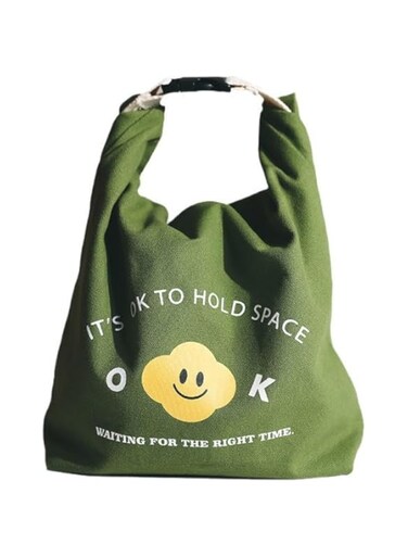 Tazweeq Reusable Lunch Bag, Insulated Handbag, Smile Tote Bag, Canvas Insulated Lunch Box Picnic Bag, With Handle for Women at Work, Picnic or Travelling