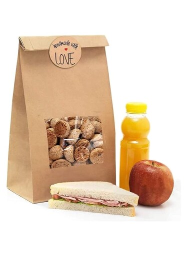 NPLUX 50Pcs Brown Bakery Bags with Window Kraft Paper Bags with 50Pcs Handmade Stickers for Storing Cookie Dried Foods Snack