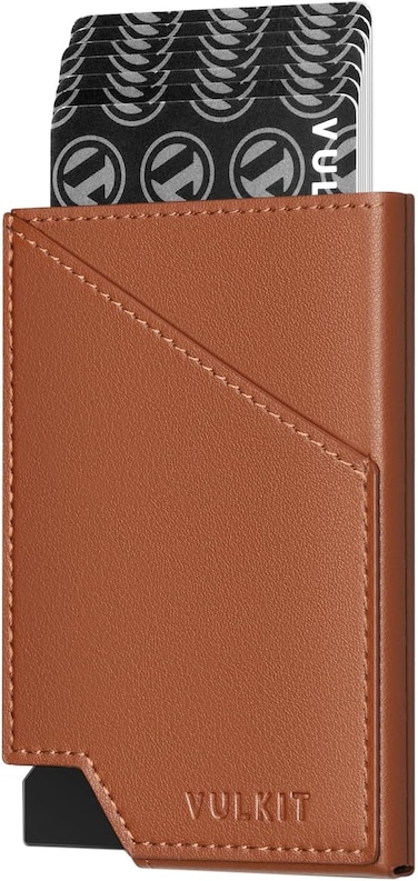VULKIT Minimalist Slim Wallet for Men Pop Up Card Holder RFID Blocking for with Money Pocket Cash &amp; Credit Cards Brown