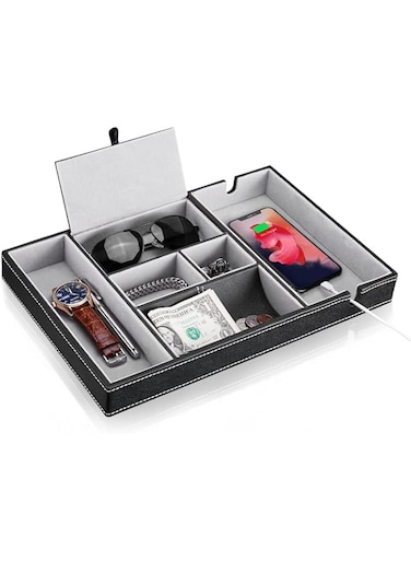 NALACAL Nightstand Organizer Tray, Leather Valet Tray for Men, EDC Catchall Tray with Phone Charging Station, Dresser Top Organizer, 6 Compartments Entryway Valet Box for Wallet, Keys, Phone