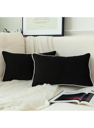 LIGICKY Set of 2 Black Velvet Lumbar Pillow Covers Modern Minimalist Style Solid Decorative White Rope Edging Soft Rectangle Cushion Cases for Sofa Bedroom Party D&eacute;cor, 12 x 20 inch