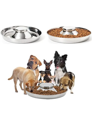 通用 2 Pack Dog Bowl Puppy Slow Feeder Bowls for Food Feeding &amp; Water Weaning Non-Skid Slow Feeder Silver Stainless Steel Healthy Metal Dog Bowl Dish for Small Medium Large Dog Cat Pet