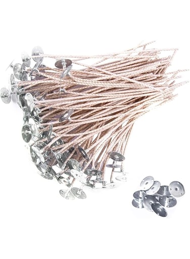 DELFINO 6 Inch 100pcs Thick Gauge Wick, Natural Candle Wick Pre-Waxed with 10 Free Metal Bases, Fit Container Diameter 2-3IN, Low Smoke
