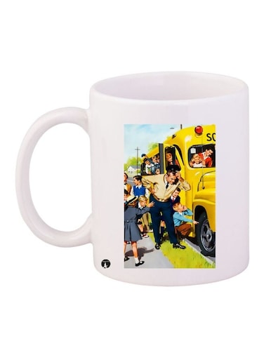 School Bus Printed Coffee Mug White/Yellow/Blue