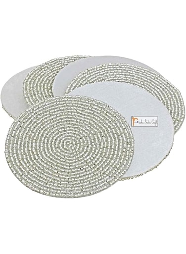 Prisha India Craft Handmade Silver Beaded Tea Coasters Diameter 4" Inches, Set of 6