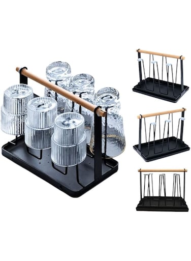 Product Cup Drying Rack, Mugs Organizer, Metal Bottle Drying Organizer with Drain Tray, Wood Handle, 6 Silicone Protective Hooks Ideal for Storing/Draining/Drying Cups, Mugs, Glasses (Black)