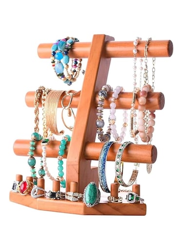 Tazweeq 3 Tier Wooden Bracelet Tower, Bracelet Stand Display Rack with Ring Bracket, Bracelet Watch Necklace Display, Storage Jewellery Rack Display, Brown