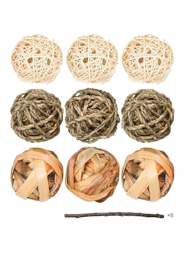 Bac-kitchen 9 Pcs Small Animals Play Balls Rolling Activity Chew Toys Gnawing Treats for Rabbits Guinea Pigs Chinchilla Bunny Natural Balls, Pet Cage Entertainment Accessories (9 Pcs)