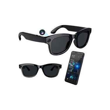 Smart Video Recording Sunglasses with Camera, Wireless App Control, Black Frame