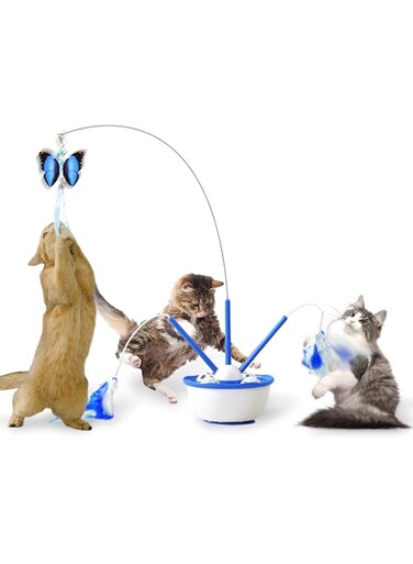 Petcronies Cat Toys for Bored Indoor Cats Automatic Cat Feather Toy Long Fluttering Butterfly Cat Wand 4 Bell Balls Interactive Kitten Toy (Blue)