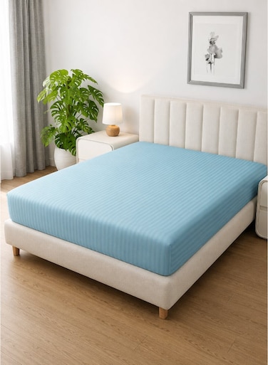 Linen Klub 1-Piece Microfiber Fitted Sheet Striped ,Color: Aqua, Size: Queen (150&Atilde;&mdash;200 cm ),Design Soft Fabric Deep Pocket Elastic Edge Bed Linen