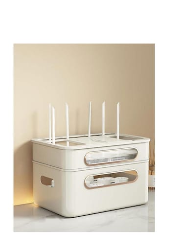 Router Storage Box, Wifi Wireless Router Set-Top Box Shelf STB Optical Modem Cover Rack Cord Socket Board Container Box Multi-Layer Desktop Cable Organiser Box for TV Cabinet (Beige, 2-Layer)