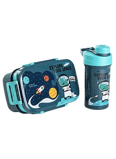 Kids Space Lunch Box and Water Bottle Combo Set - 1800ml Leakproof 3-Compartment Lunchbox with Spoon, BPA-Free Food Grade Plastic, 500ml Spillproof Water Bottle for School (Blue)