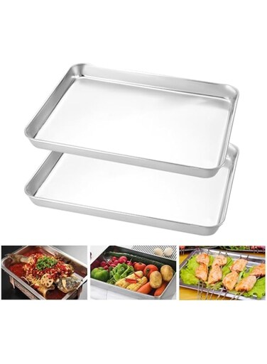 Beauenty 2 PCS Stainless Steel Baking Tray, Rectangular Multi-Purpose Flat Bottom Tray, Deepen Thicken Cooking Tray Baking Tray For Restaurant, Kitchen, Oven Cookie Sheet Pan (S; 23.5 * 17.5 * 2.5㎝)