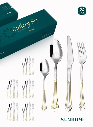 24-Piece Stainless Steel Cutlery Set Kitchen Utensil Set Western Tableware Suitable For Home Kitchen Restaurant Hotel Party Dining Picnic Dining Exquisite Packaging Gift