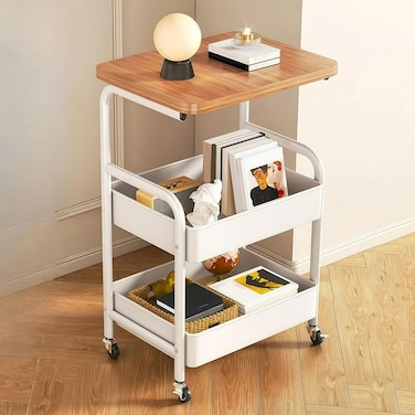 3-Tier Storage Cart with Tabletop,Portable Wheels, Easy Assembly, Space-Saving Design for Living Room, Kitchen, Office, Metal and Wood Construction