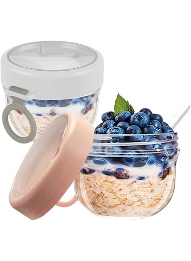 2Pcs Overnight Oats Containers with Lids and Foldable Spoon,20oz/600ml Leak-Proof Oats Jar Breakfast Yogurt Cup Airtight Food Storage Container Dessert Cup Microwave Safe Breakfast (2PCS A)