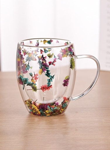 Double Walled Glass Cup with Handle and Flower 350ml